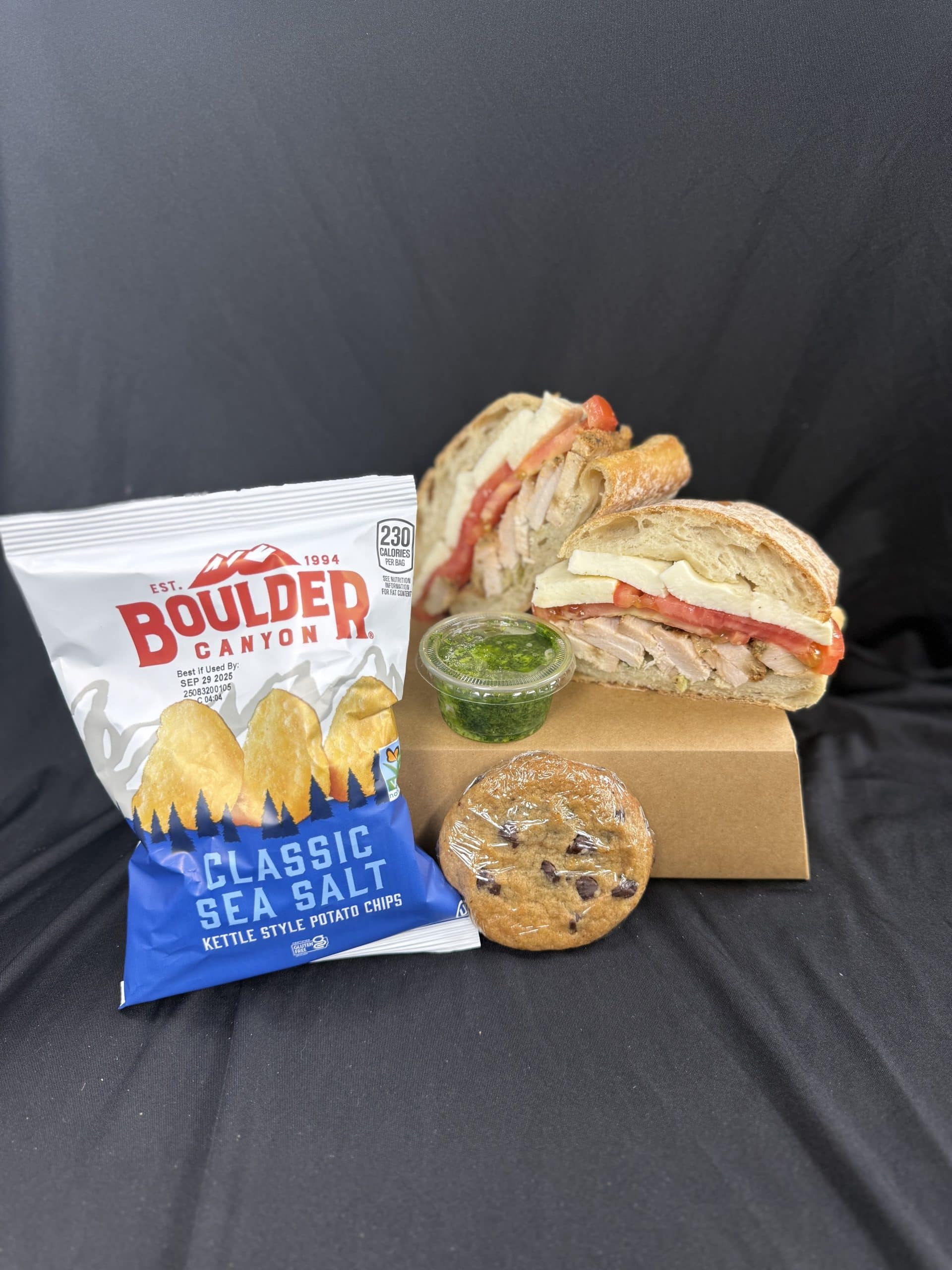 Chicken Pesto Sandwich with Chips and a Cookie